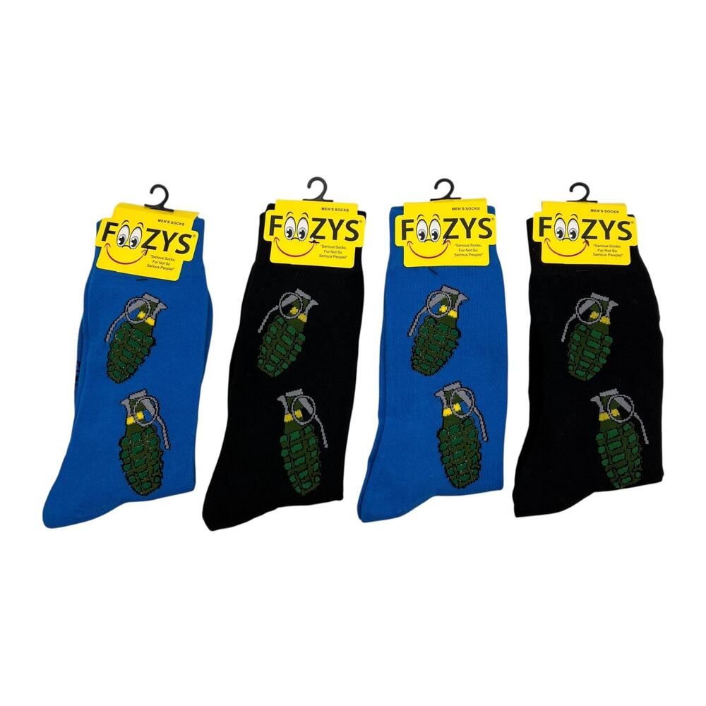 Foozys Socks Mens 6-12 Grenades Stretch Crew Novelty Military Themed Lot 4 Pairs